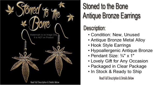 Stoned to The Bone Gold Bronze Marijuana Earrings - Image 2